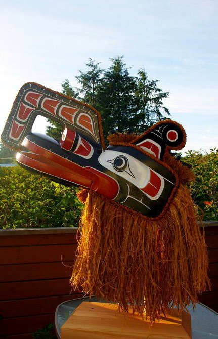 Crooked Beak mask with cedar bark